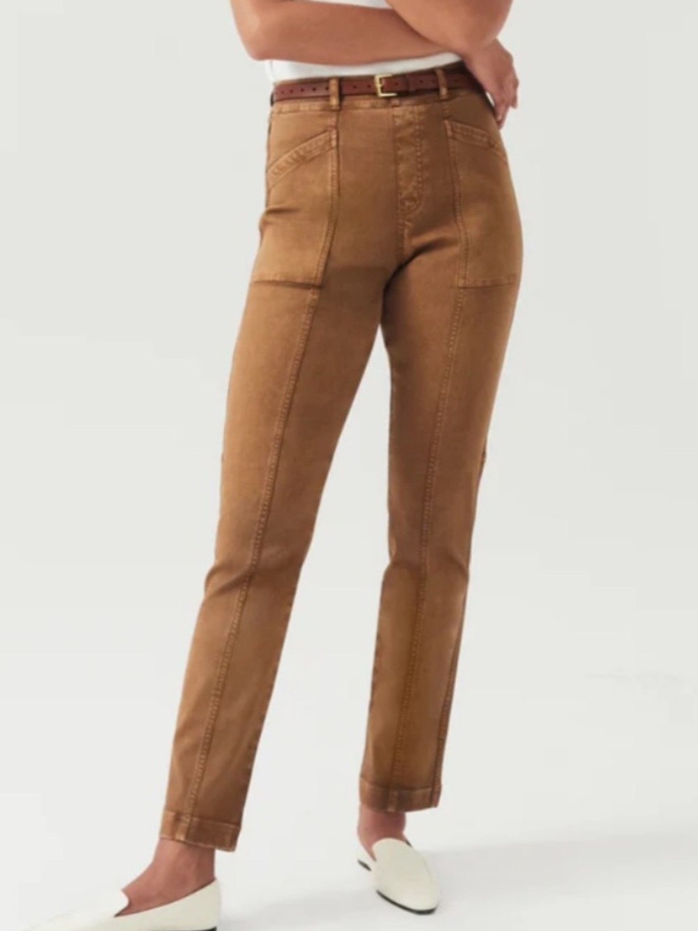 Spanx Stretch Twill Straight Leg Pants in Acorn Brown Pull On Shapewear Size XL